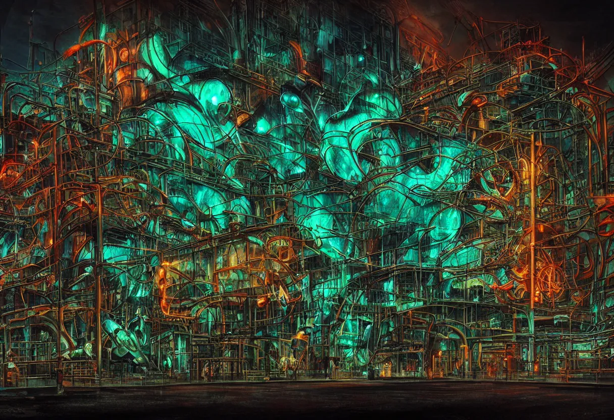 Prompt: a giant neon sign cuttlefish in the foreground in front of a massive rusty brutalist industrial plant, glowing windows, biomechanical, biopunk, nighttime, low key, dark, gloomy, hazy, spotlights, leds, dramatic lighting, watch tower, helicopter, vignette, art by hr giger, digital art