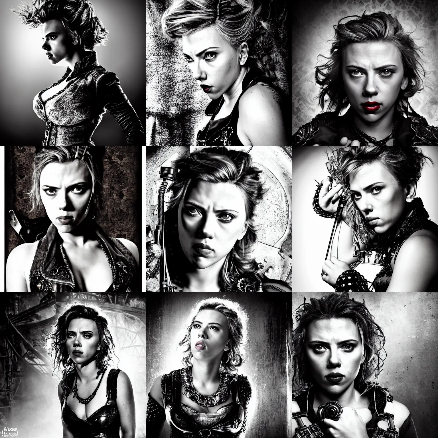 Prompt: angry scarlett johansson as steam punk bandit intricate detail portrait, dramatic lighting hyper detail, black and white, full body profile, wide angle lens