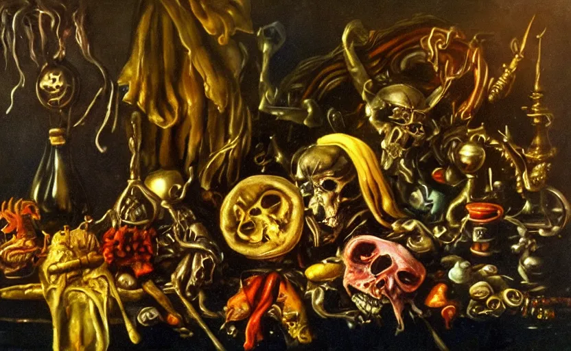 Prompt: pirates of the caribbean, disturbing colorful oil painting dutch golden age vanitas still life sparse composition with bizarre objects strange gooey transparent surfaces shiny metal reflections bizarre mutant meat insects rachel ruysch dali todd schorr very detailed perfect composition rule of thirds masterpiece canon 5 0 mm, cinematic lighting, photography, retro, film, kodachrome