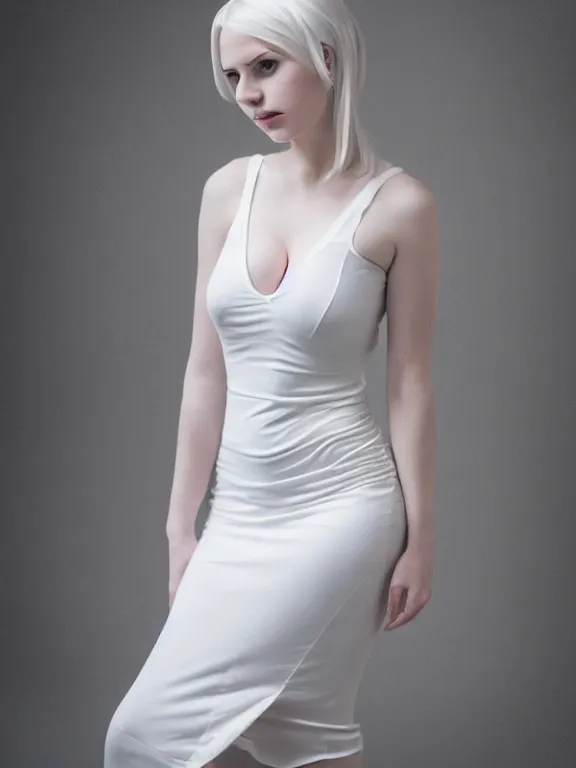 Image similar to 2 8 mm studio photo of seductive emily skinner cosplaying annie leonhart wearing tight white dress, beautiful face, pale skin, rule of thirds, cinematic lighting, sharp focus, backlit, stunning, smooth, hard focus, glamour pose, full body shot