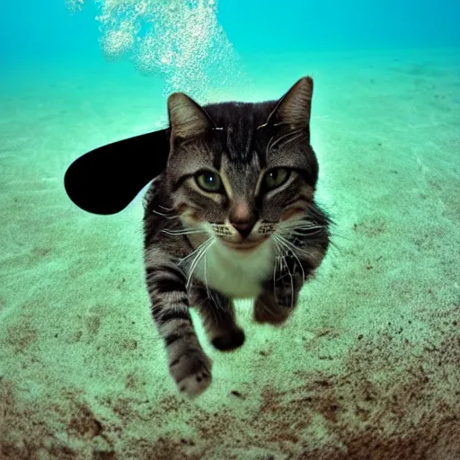 Prompt: high quality photo of a cat scuba diver