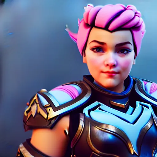 Image similar to a young girl with the appearance and armor of zarya from overwatch, design, octane render, 4 k, ingame shot