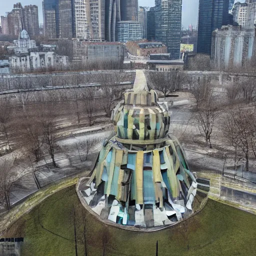 Image similar to aerial view of brutalist monument ( ( ( ( park ) ) ) ) spomenik, ( ( ( railings ) ) ), photo, 4 k