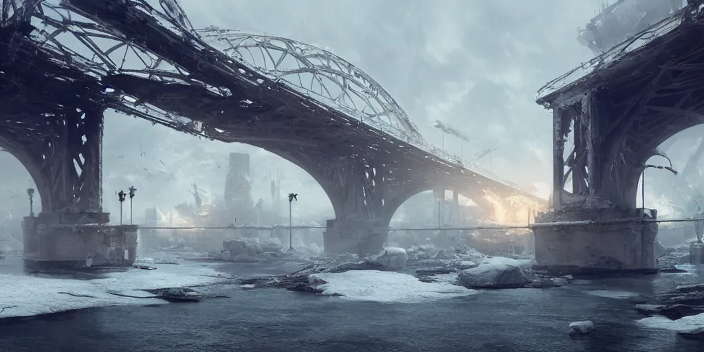 Image similar to huge white cotton everywhere on the destroyed harbour bridge, smooth, sharp focus, highly detailed, 3 d octane render, epic lighting, tragic atmosphere, lots of white cotton, 8 k, by greg rutkowski