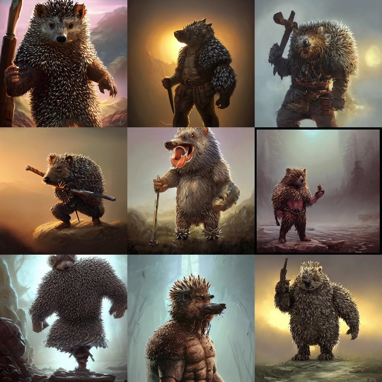 Prompt: anthropomorphic rugged hedgehog!!! with furry!! oversized barbarian muscular armored upper body long hair, foggy mist backlight sunset 👅 👅 , D&D, fantasy, intricate, elegant, highly detailed, digital painting, artstation, concept art, smooth, sharp focus, illustration, art by artgerm and beeple and greg rutkowski and alphonse mucha