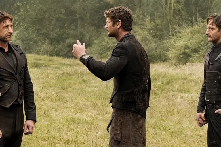 Prompt: Still of Gerard Butler and Russel Crow pointing at each other