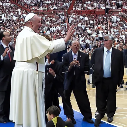 Prompt: pope Francis makes a dunk in the court