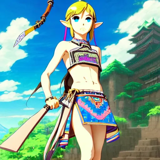 Image similar to a beautiful young feminine link from botw gravure model, wearing japanese mayan street fashion school girl outfit with mayan pattern and native style, aztec street fashion, jrpg, perfect anime face, gapmoe yandere grimdark, trending on pixiv fanbox, painted by greg rutkowski makoto shinkai takashi takeuchi studio ghibli, akihiko yoshida