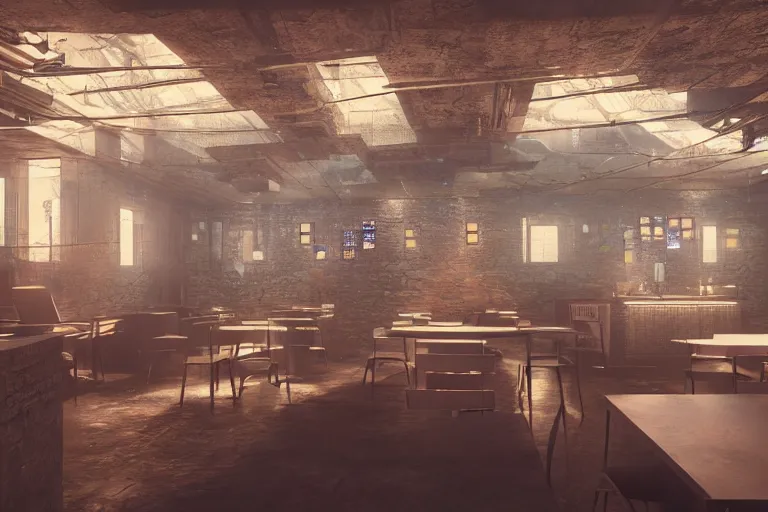 Image similar to ultra mega super hyper realistic Digital concept interior design of cyberpunk tavern with stone walls and neon lights, a lot of electronics, many details in style of Hiromasa Ogura. Natural white sunlight from the transperient roof. Rendered in VRAY and DaVinci Resolve and MAXWELL and LUMION 3D, Volumetric natural light