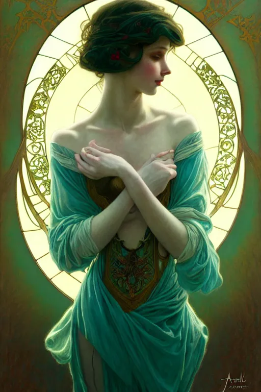 Image similar to pale teal, fantasy, intricate, elegant, dramatic lighting, emotionally evoking symbolic metaphor, highly detailed, lifelike, photorealistic, digital painting, artstation, concept art, smooth, sharp focus, illustration, art by John Collier and Albert Aublet and Krenz Cushart and Artem Demura and Alphonse Mucha