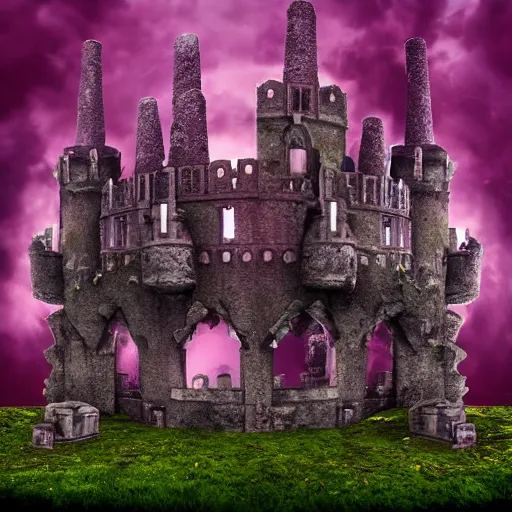 Image similar to dark castle, purple fumes, moss covered towers, eyes in the sky, octane render.