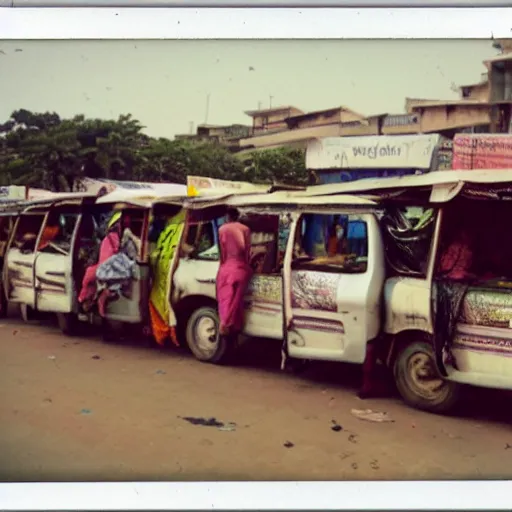 Image similar to old polaroids of futuristic african mobile market places in lagos traffic, side of taxi as fruit stand