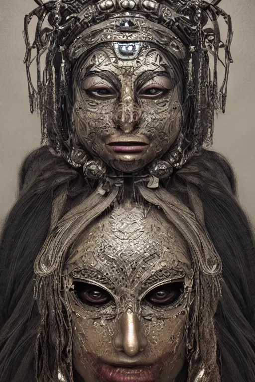 Image similar to portrait, headshot, digital painting, an beautiful techno - shaman lady in carved metal mask, realistic, hyperdetailed, chiaroscuro, concept art, art by frans hals