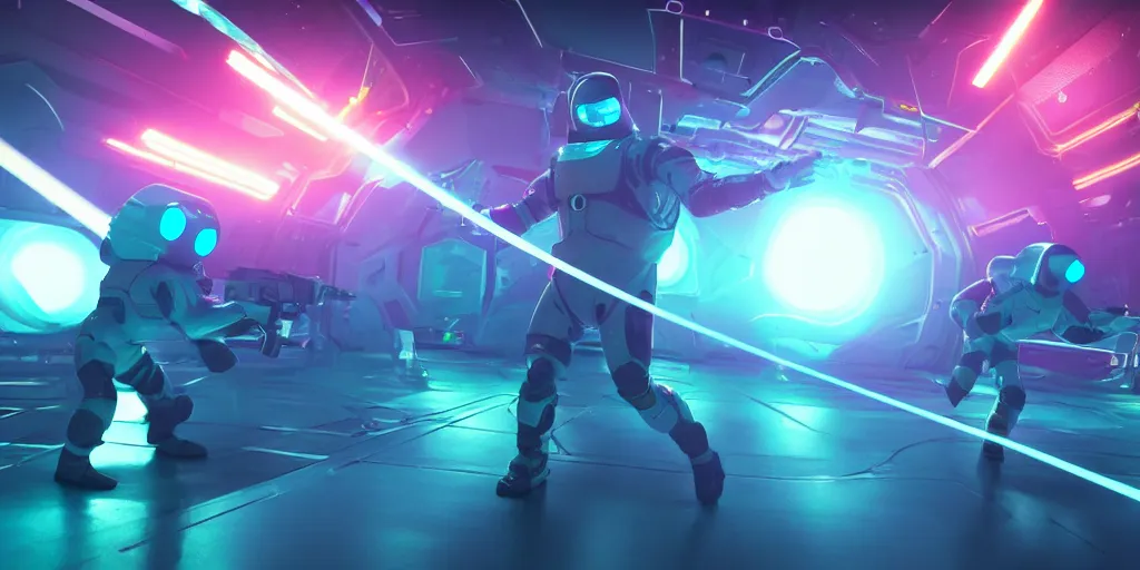 Image similar to futuristic spacemen firing lasers in zero gravity, skintight suits, floating, floating polygon shapes as obstacles, surrounded by a laser grid, unreal engine, lensflare, glow, bloom, neon