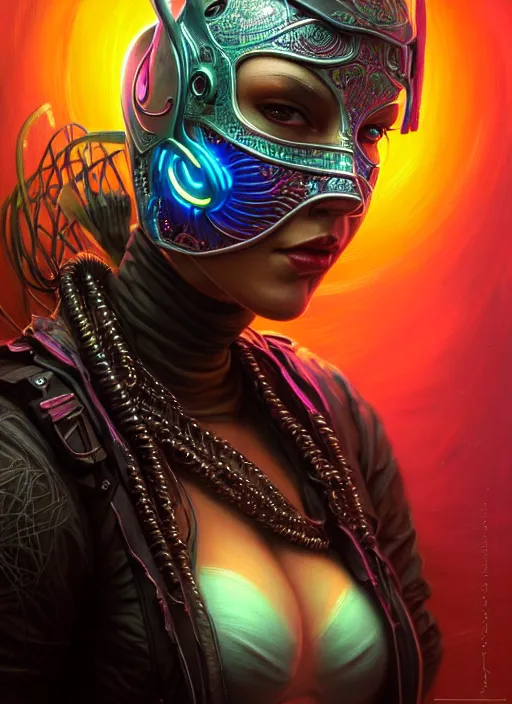 Image similar to closeup portrait shot of cyber a beautiful girl wearing a bandana mask in a scenic dystopian neon environment, intricate, elegant, highly detailed, centered, digital painting, artstation, concept art, smooth, sharp focus, illustration, artgerm, tomasz alen kopera, peter mohrbacher, donato giancola, joseph christian leyendecker, wlop,