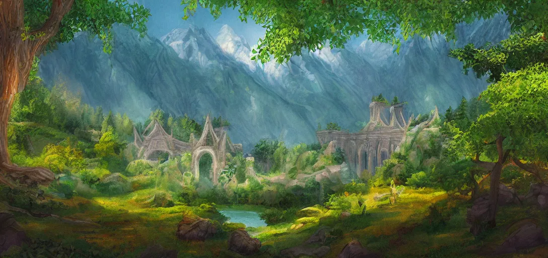 Prompt: Rivendell landscape painted by a five-year old, digital painting