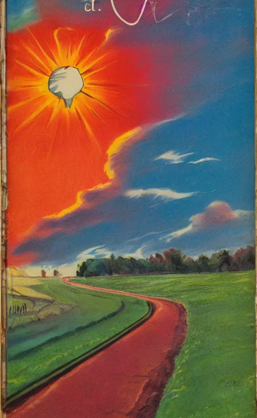 Image similar to paperback book cover. 1 9 5 0 s. pure colors, melting clouds, accurately drawn details, a sunburst above a receding road with the light reflected in furrows and ruts, after rain.