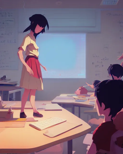 Prompt: teacher teaching in a classroom, detailed, cory loftis, james gilleard, atey ghailan, makoto shinkai, goro fujita, studio ghibli, rim light, exquisite lighting, clear focus, very coherent, plain background