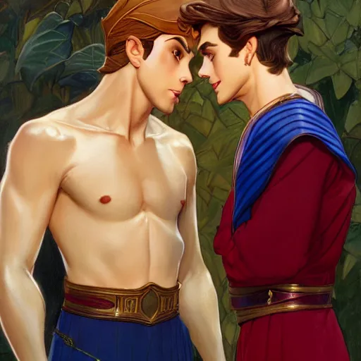 Image similar to attractive fully clothed king confesses his love for his attractive fully clothed male prince. highly detailed painting by glen keane and j. c. leyendecker 8 k