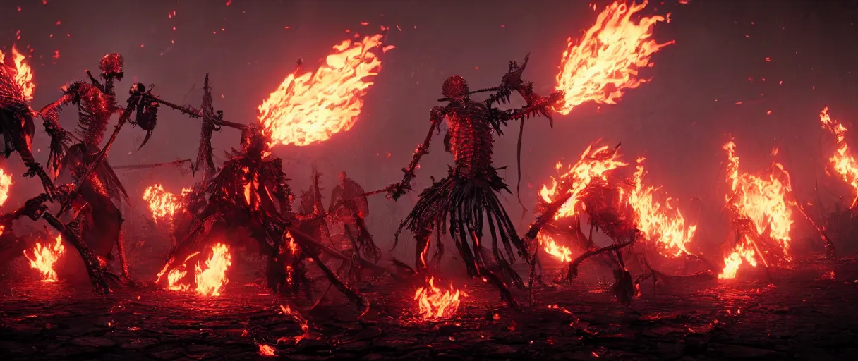 Prompt: a group of flaming skeleton warriors in the aftermath of a battle, bloodborne, cinematic, unreal engine, artstation, 8k