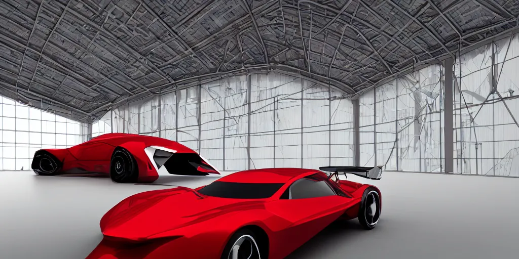 Image similar to kama - 1 concept car, inside futuristic hangar, red car, sharp focus, ultra realistic, ultra high pixel detail, cinematic, intricate, cinematic light, concept art, illustration, art station, unreal engine 8 k