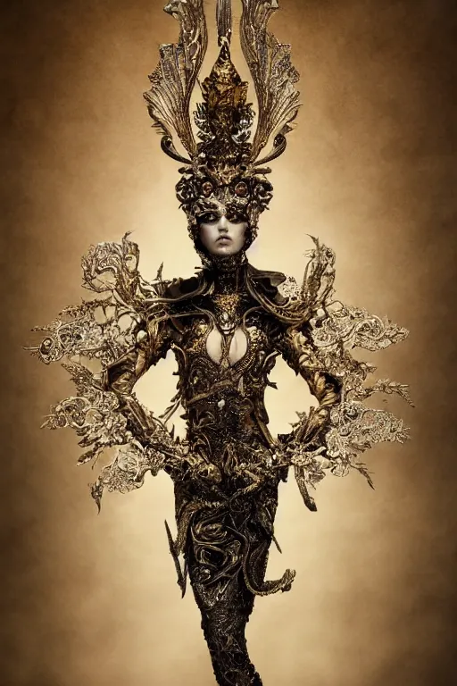 Image similar to a portrait of female model by stefan geselle and nekro borja, photorealistic, intricate details, hyper realistic, fantasy, ornate metal gold headpiece, photorealistic, canon r 3, photography, wide shot, photography, dark beauty, symmetrical features, wide angle shot, whole body, full body shot, standing pose, feet on the ground