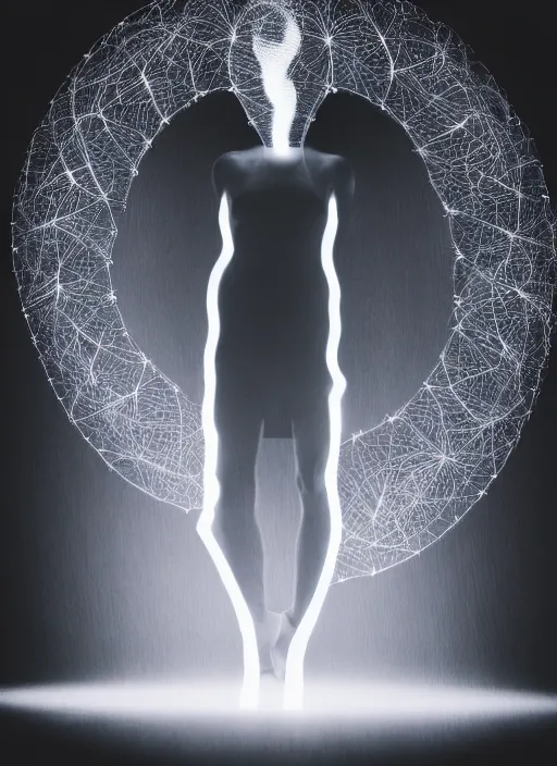 Prompt: fractal human silhouette, large diffused glowing aura, long exposure, film grain, cinematic lighting, liquid blurry