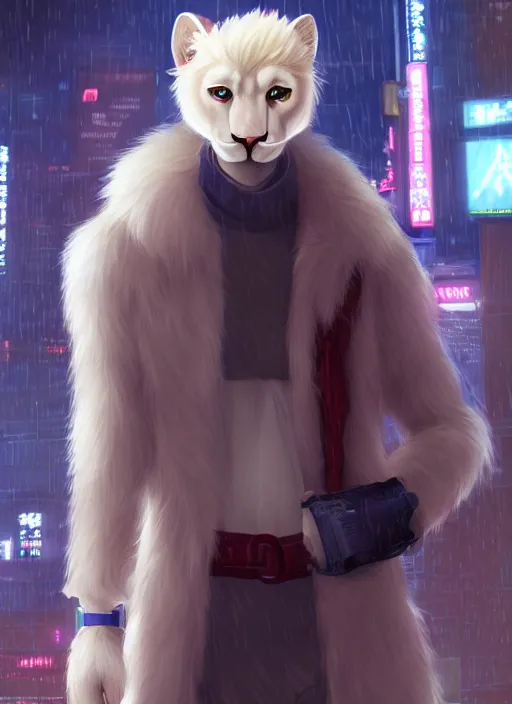 Image similar to character portrait of a male anthro albino mountain lion fursona with a tail and a cute beautiful attractive furry face wearing stylish cyberpunk clothes in a cyberpunk city at night while it rains. hidari, color page, tankoban, 4K, tone mapping, Akihiko Yoshida.