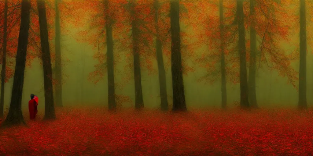 Image similar to a door in an autumn forest, green and red tones, by Aron Wiesenfeld, cinematic, detailed illustration, nature, fog, dark colors, suspense, intricate, 8k