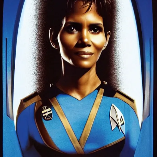 Image similar to a beautiful full body photograph of halle berry as a star fleet admiral from star trek next generation, symmetrical face, extreme realism and detail, 8 k, completely framed, direct lighting, 3 5 mm photo, photorealistic, sharp focus