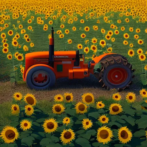 Prompt: a cute tractor in a sunflower field towing a russian tank by goro fujita, 3 d octane render, 8 k, trending on artstation, hyper detailed, cinematic