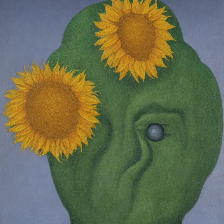 Image similar to portrait of a faceless sunflower - head man by rene magritte, detailed painting, distance, centered, hd, hq, high resolution, high detail, 4 k, 8 k