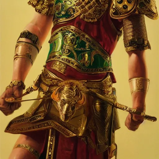 Prompt: portrait of an ancient roman character in incredible rich ornate armor, by ilya kuvshinov, by thomas lawrence, by bayard wu, trending on artstation, green, masterpiece