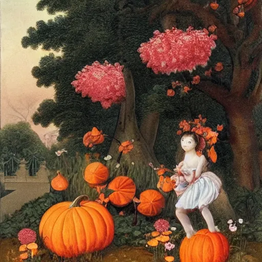 Image similar to blood orange, pumpkin orange by lorenz hideyoshi. a whimsical garden scene. in the drawing, a young girl can be seen playing among the flowers & trees, while a fairy watches over her.
