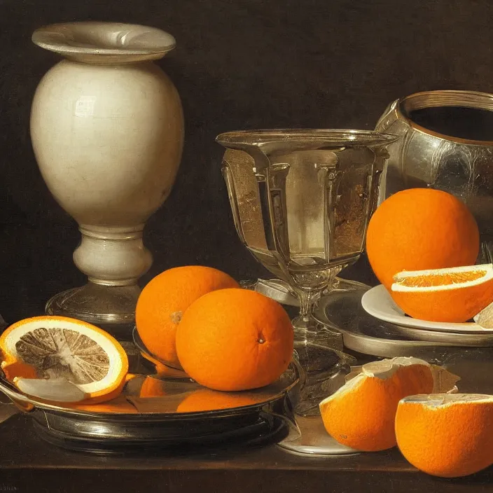 Prompt: still life painting of broken mirrors, by pieter claesz, oil on canvas, strong lighting, highly detailed, peeled oranges, sliced grapefruit, hyper realism, golden hour, god rays, hd, 4 k