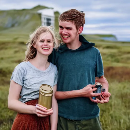 Prompt: a highly detailed portrait of a young couple from the side, holding a tin can, renote icelandic village, summer, blonde hair, muted colors, joy, trending on artstation,