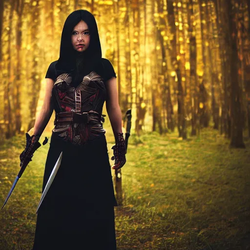 Prompt: portrait photograph full body shot of a female assassin with daggers, bokeh, graflex camera, super resolution