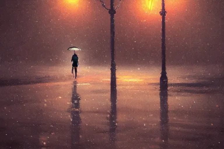 Image similar to lonely road of moscow at night with a single lamp post, walking woman with umbrella, artstation, detailed, by greg rutkowski,