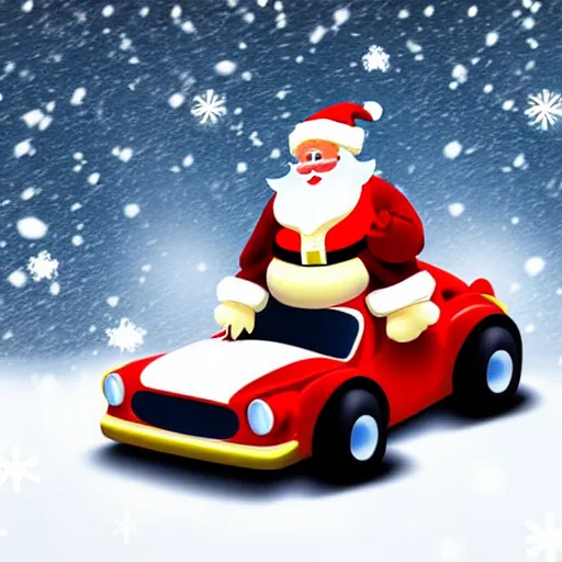 Image similar to Santa Clause driving a rally car he is going fast there is smoke coming from the tires there is snow on the track you can clearly see Santa Clause driving he is fat and jolly, realistic lighting, realistic shadows, highly reflective, photo realistic, hyper realistic