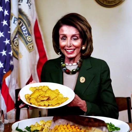 Image similar to a photograph of nancy pelosi wearing an army uniform while eating a large plate filled with scrambled eggs