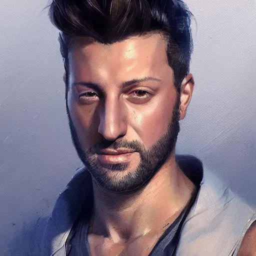 Prompt: portrait of maksim chmerkovskiy by greg rutkowski, young, attractive, highly detailed portrait, scifi, digital painting, artstation, concept art, smooth, sharp foccus ilustration, artstation hq