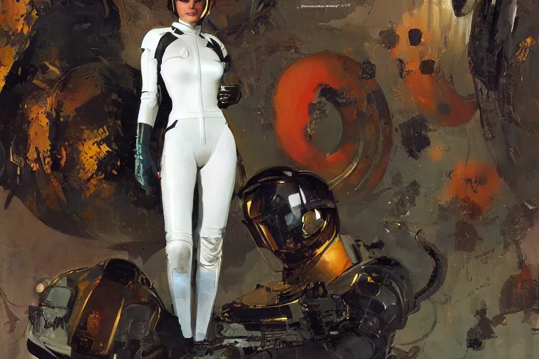 Image similar to pulp scifi fantasy illustration full body portrait of elegant woman wearing latex spacesuit, by norman rockwell, jack kirby, bergey, craig mullins, ruan jia, jeremy mann, tom lovell