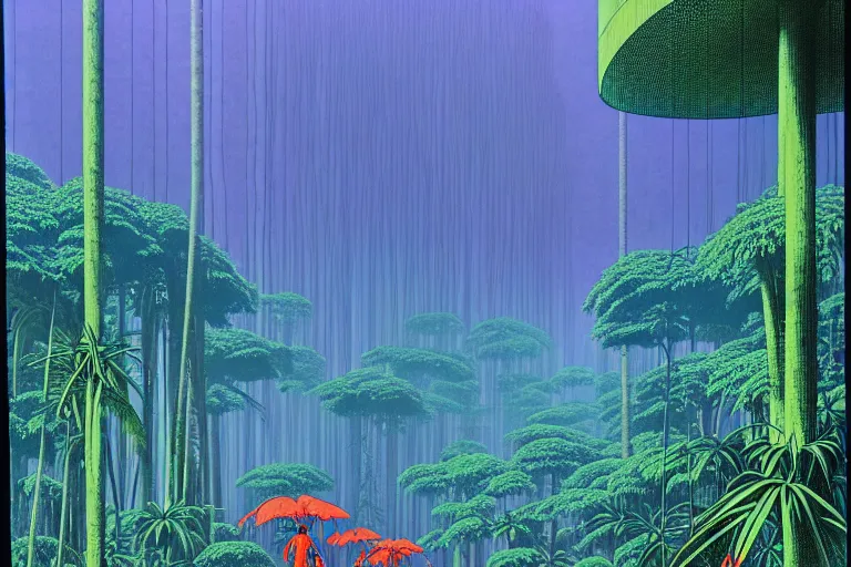 Prompt: tropical rain forest, a lot of exotic vegetation, trees, flowers, dull colors, gigantic massive evangelion - like mech staying in the foggy huge forest covered with web and cotton, by moebius, schuiten, craig mullin, hyperrealism, intricate detailed, risograph