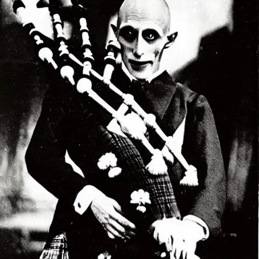 Prompt: beautiful count orlok in a kilt playing bagpipes