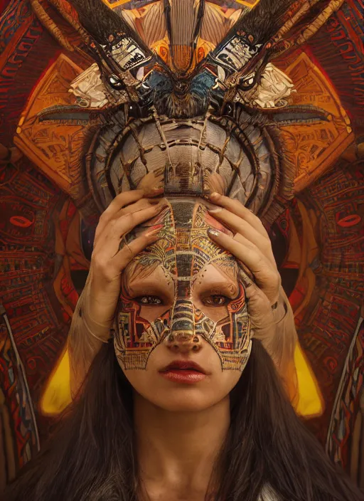 Image similar to a Photorealistic dramatic hyperrealistic render of a beautiful woman wearing a beautiful detailed Aztec Insect shaman mask and costume by WLOP,Artgerm,Greg Rutkowski,Alphonse Mucha, Beautiful dynamic dramatic dark moody lighting,shadows,cinematic atmosphere,Artstation,concept design art,Octane render,8K