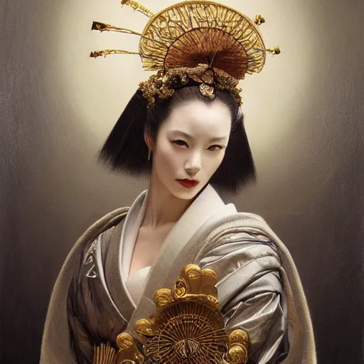 Image similar to highly detailed oil painting | very intricate | cinematic lighting | award - winning | portrait of geisha dressed by alexander mcqueen | by roberto ferri, by tom bagshaw, by j. c. leyendecker and klimt, american romanticism, by austin osman spare, artstation, cgsociety, official art, octane