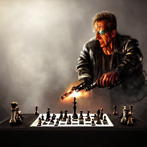 Image similar to apocalyptic, the terminator playing chess and eating cheese. smoke. volumetric lighting, sharp focus, ultra detailed, cgsociety - w 1 0 2 4 - n 8 - i