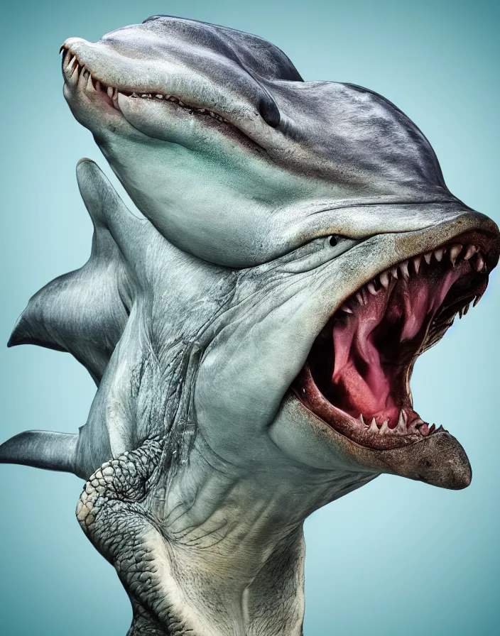 Prompt: closeup portrait of muscular animal human merged head dolphin, morphing dog head, merging crocodile head, anthropomorphic, creature, solid background