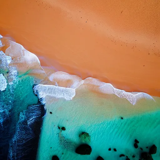 Image similar to Arial shot of a beach with orange sand and a sea of purple