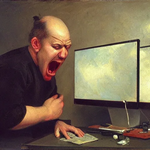 Image similar to an angry man screams at his computer monitor, oil on canvas, 1 8 8 3, highly detailed